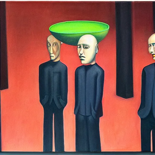 Image similar to people with empty bowl heads, blank stares, dystopian, pj crook, edward hopper, oil on canvas