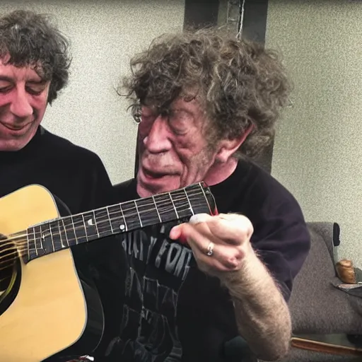 Prompt: bert jansch gives a goblin a guitar lesson