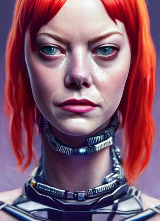 Prompt: portrait of Emma Stone as Leeloo from the fifth element as a character in Cyberpunk 2077, looking at camera, intricate, elegant, sci-fi, extremely detailed, digital painting, artstation, concept art, smooth, sharp focus, illustration, ambient lighting, incredible art by artgerm and greg rutkowski and alphonse mucha and simon stalenhag