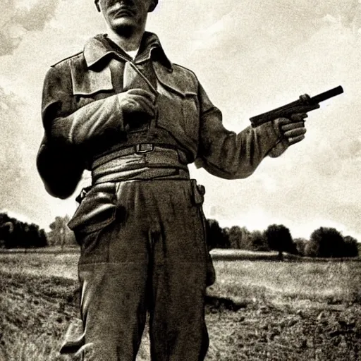 Image similar to blacka nd white old photograph of a farm boy holding a gun pointing at adolf hitler realism, 4 k, award winning photograph