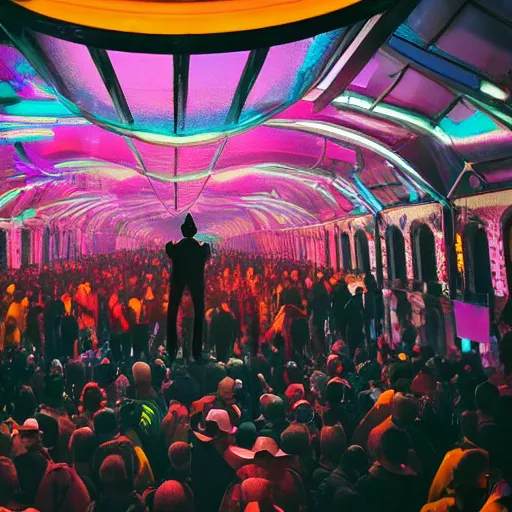 Image similar to unsplash contest winning photo, a giant crowd of men wearing shiny reflective mirrored polygonal man costumes, inside a colorful dramatic unique rocky western landscape, low fog, giant neon frame