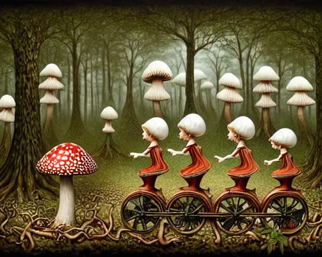 Prompt: intricate detailed mushroom elves riding train in a dark mysterious forest by mark ryden