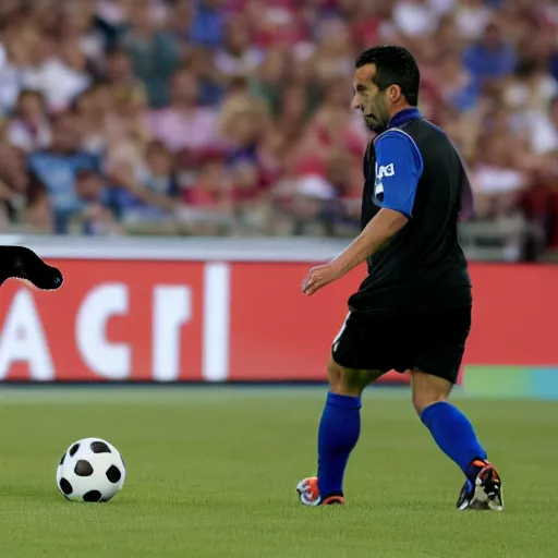 Prompt: high quality, hd picture of a labrador retriever barking at xavi hernandez in a soccer pitch