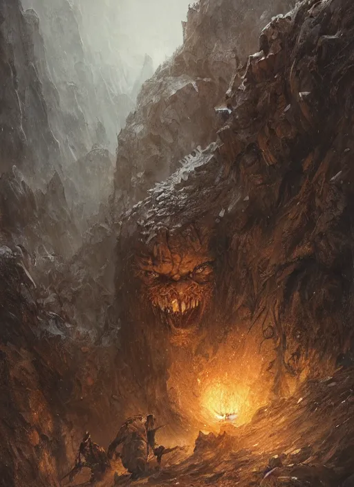 Image similar to a friendly monster in the mountains of hell, oil painting by tomasz jedruszek and greg rutkowski, cinematic lighting, pen and ink, intricate line, hd, 4 k, million of likes, trending on artstation