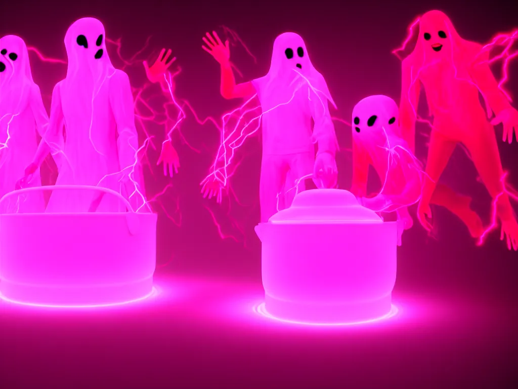 Image similar to ghosts and spirits surrounding a glowing neon pink cauldron hd render