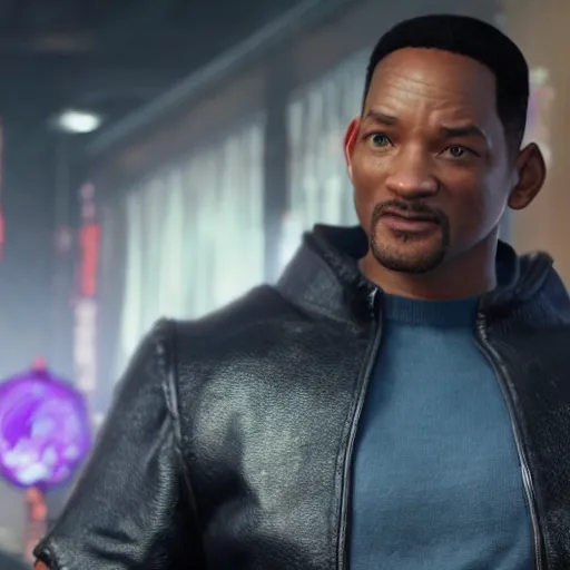 Image similar to a videogame still of Will Smith in Tekken 7, 40mm lens, shallow depth of field, split lighting