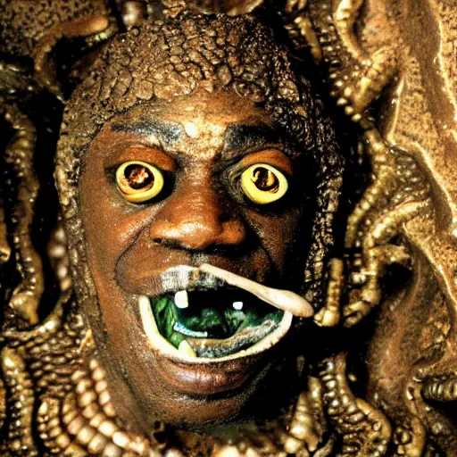 Prompt: photo inside a cavern of a wet reptilian humanoid sun ra partially hidden behind a rock, with black eyes, open mouth and big teeth