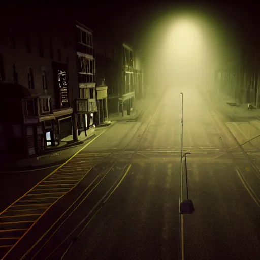 Prompt: A stunningly beautiful award-winning 8K high angle from 2nd floor cinematic movie photograph looking down diagonally across a spooky dark very foggy empty lightless moonlit main street intersection in an abandoned 1950s small town at night. perfect composition, moody low key backlit. Color palette from Seven, greens yellows and reds. 2 point perspective. Octane render
