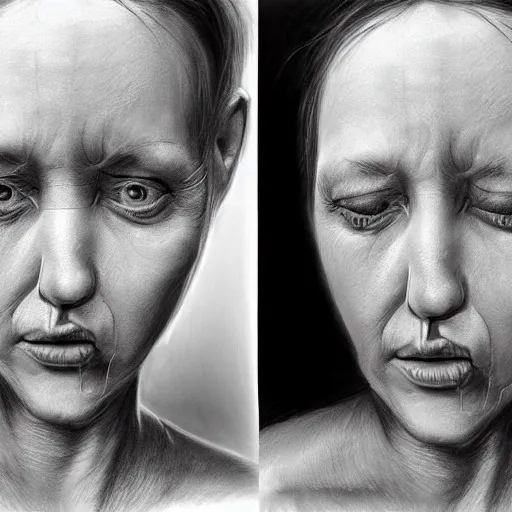 Image similar to a two people's face fusing together!!!!!!, fusing human faces, charcoal drawing by richard mortensen, matte drawing, hyper realism, zbrush, mannerism