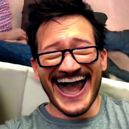 Image similar to Markiplier maniacally laughing at a meme on his phone