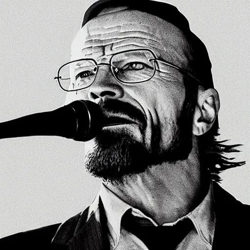 Image similar to Walter white singing at a death metal concert