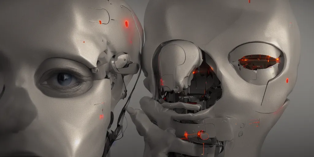 Prompt: realsitic, cinematic, Eyeless humanoid surgically inserting Google branded Brain Implant by Keith Thompson, da vinci, Alexandros Pyromallis, depth of field, misty, terror glow, hyper realistic, digital painting, 8k, 35mm film grain, octane render