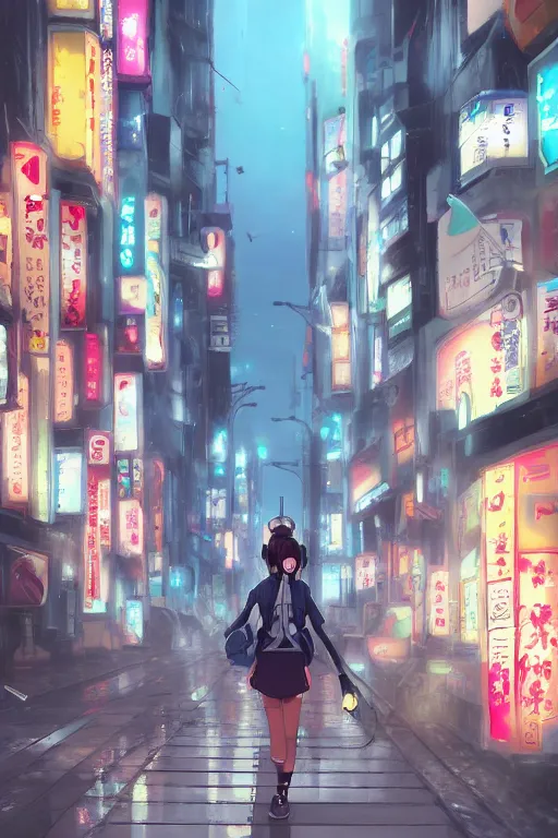 Image similar to anime teen with headphones walking at the streets of tokyo at dawn, wlop, concept art, digital painting, trending on artstation, highly detailed, epic composition, 8 k uhd