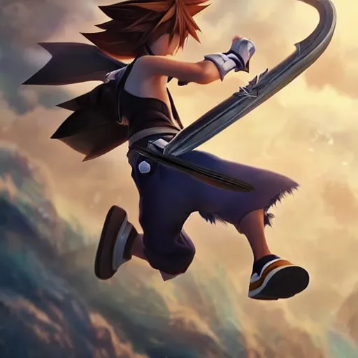 Image similar to sora from kingdom hearts leaping into battle holding keyblade. league of legends character art. digital illustration. hyper realistic. high quality. high resolution. 4 k.. highly detailed. trending on artstation. ruan jia, wlop. scifi, fantasy, magic the gathering, hyper detailed, octane render, concept art, peter mohrbacher, artgerm.