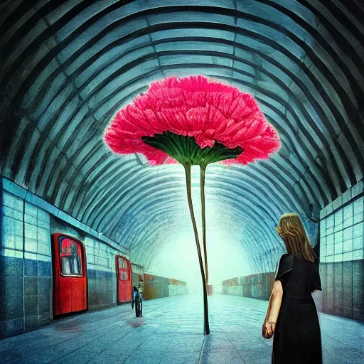 Image similar to giant carnation flower head, woman standing in metro station, surreal photography, dramatic light, impressionist painting, digital painting, artstation, simon stalenhag