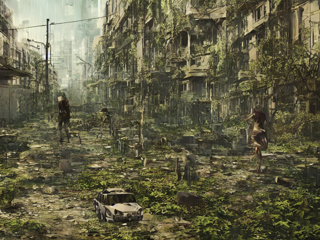 Image similar to an abandoned overgrown city, small amount of zombies lurking around, plants everywhere, windows broken, sole traveler walking in the middle, highly detailed, octane render, cinematic, shock, sharp focus