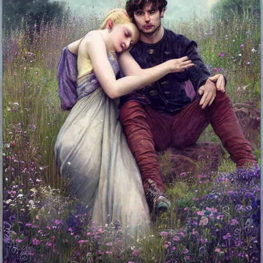 Prompt: bradley james and colin morgan, 2 guys only. from the television show merlin ( 2 0 0 8 ). in a beautiful meadow in love and happy ; high - detailed oil painting by tom bagshaw in the style of gaston bussiere, trending on artstation, masterpiece, 4 k