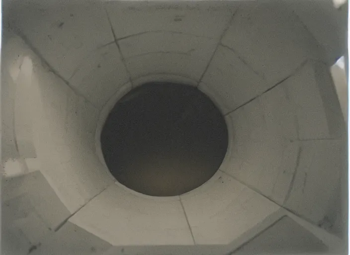 Image similar to looking down into the inside of an empty concrete tower, foggy, megalophobia, old polaroid, expired film,