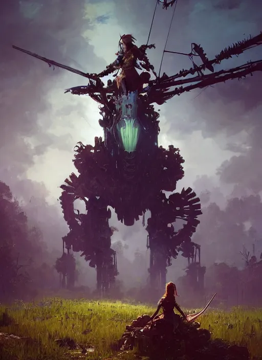 Image similar to !dream Environmental Art, Horizon Zero Dawn, archer, atmospheric environment, Character Design, demonic presence, Holy Heavenly Host Divine Angelic Army. Beeple, grimshaw, thomas cole, ismail inceoglu, winslow homer, greg rutkowski, gerald brom, marc simonetti, simon stalenhag, anton fadeev, donglu yu