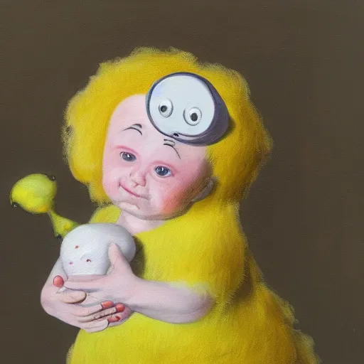 Prompt: Painting of a glowing kewpie doll that looks like Big Bird, painted in the style of Watteau with sad minion eyes
