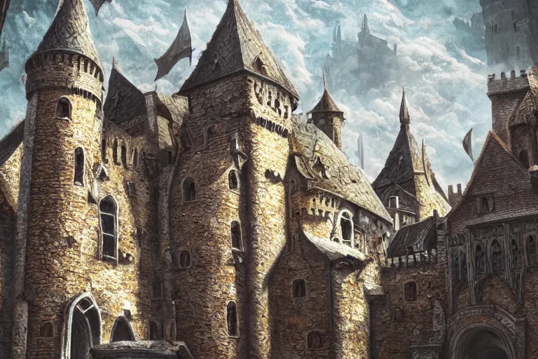 Prompt: A medieval castle, texture, intricate, details, highly detailed, masterpiece, architecture, building, trending on artstation, focus, sharp focus, concept art, digital painting, fantasy, D&D, tabletop, rpg, roleplay, sunny, day, midday, photograph, still