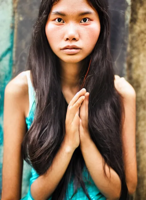 Prompt: Mid-shot portrait of a beautiful 20-years-old woman from Indonesia, with long hair, candid street portrait in the style of Martin Schoeller award winning, Sony a7R