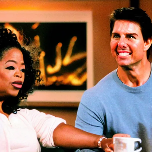 Image similar to Tom Cruise shooting lightning from his hands towards Oprah on her tv show