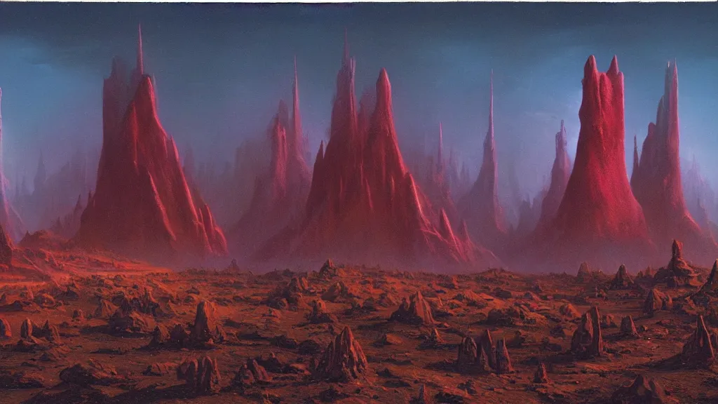 Image similar to mysterious monuments of an alien civilization by paul lehr and john schoenherr, cinematic matte painting