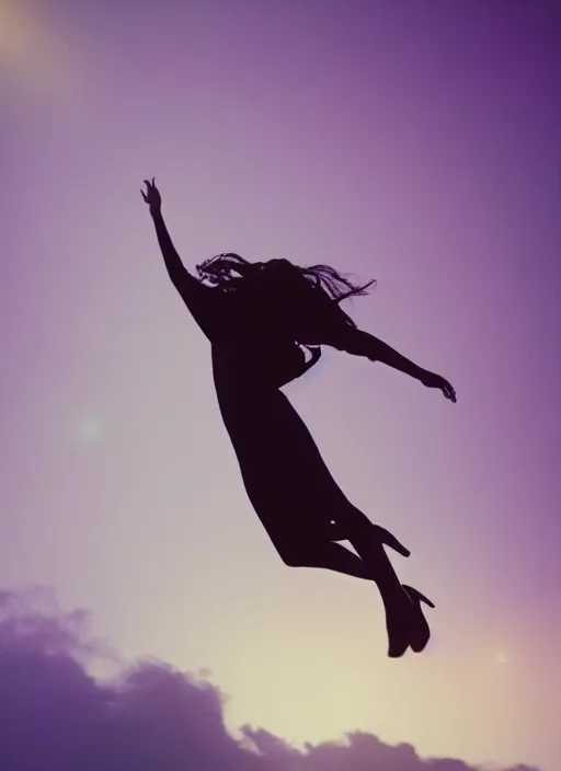 Image similar to elegant female ascending into the sky, glowing aura, motion blur, out of focus, film grain, cinematic lighting, experimental film, shot on 1 6 mm, soft lighting