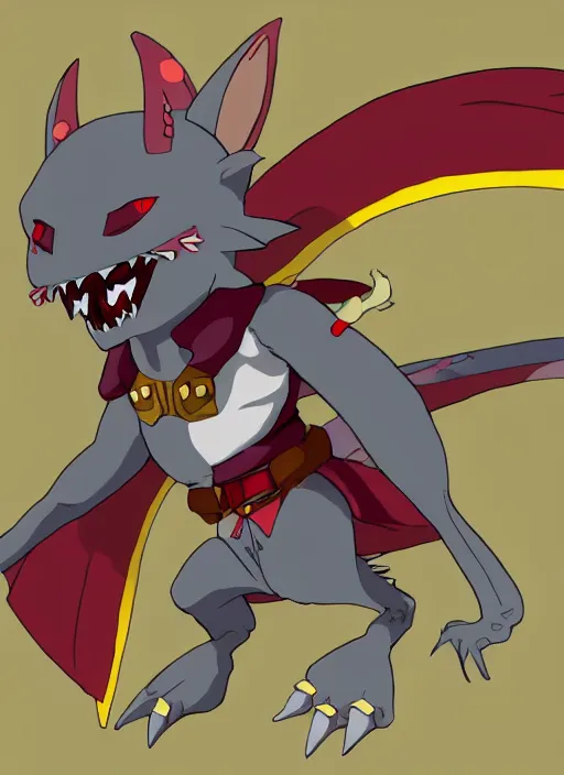 Prompt: anime grey and red kobold swashbuckler with yellow eyes and small wings, full body, anime style, anime