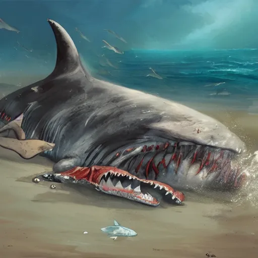 Image similar to pile of dead whales, sharks, fishes on the beach, red juice leaking, painting, artstation