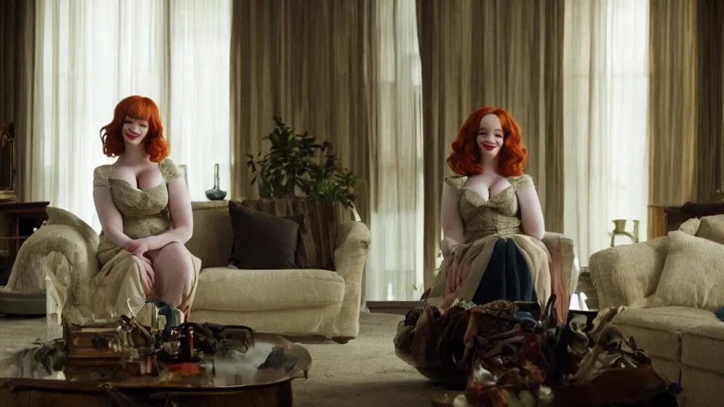 Image similar to a very happy beautiful Christina Hendricks in the living room, film still from the movie directed by Denis Villeneuve with art direction by Salvador Dalí, wide lens