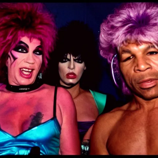 Prompt: mike tyson as the lead singer of a glamour rock band in the 1 9 8 0 s, colorful, music video still, 8 k