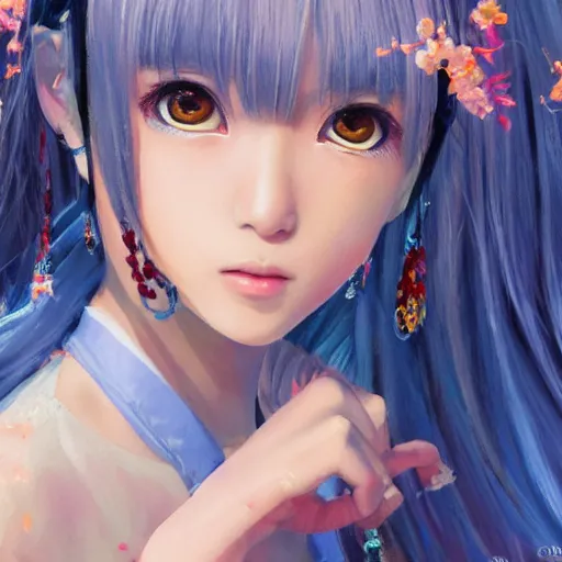 Image similar to dynamic composition, motion, ultra-detailed, incredibly detailed, a lot of details, amazing fine details and brush strokes, colorful and gentle palette, smooth, HD semirealistic anime CG concept art digital painting, watercolor oil painting of a young J-Pop idol, by a Japanese artist at ArtStation. Realistic artwork of a Japanese videogame, soft and harmonic colors.