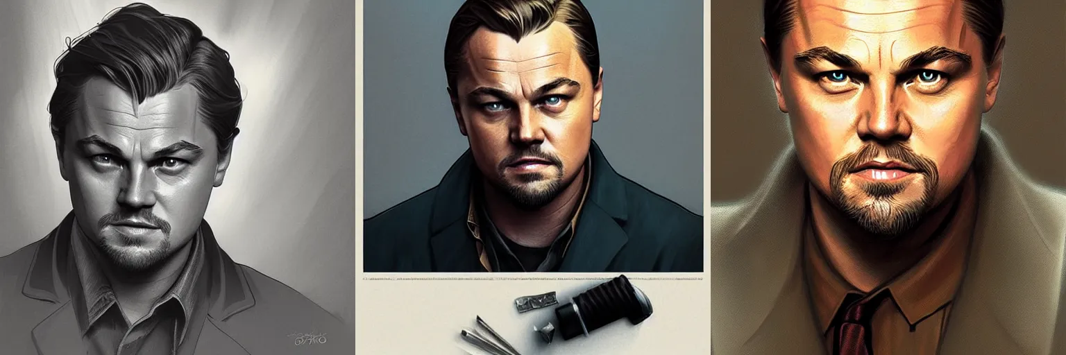 Prompt: portrait of Leonardo DiCaprio as a detective, highly detailed, digital painting, artstation, concept art, sharp focus, illustration, art by artgerm and greg rutkowski and alphonse mucha