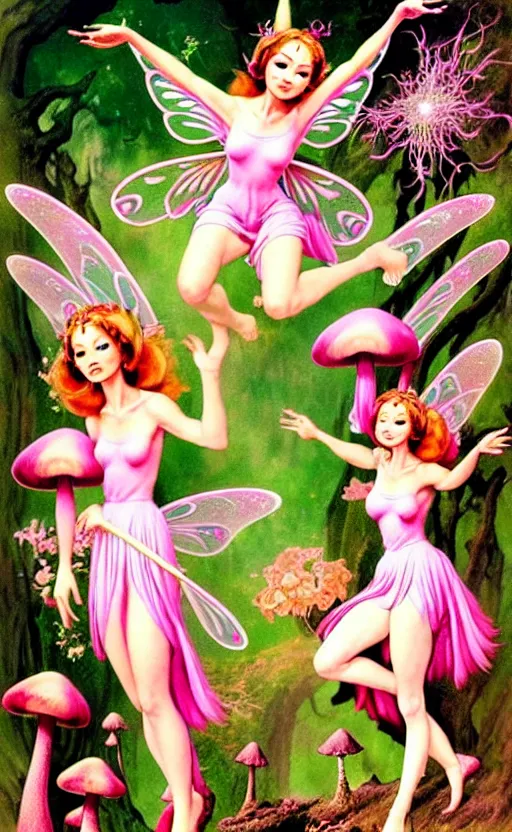 Image similar to fairies with detailed faces and true anatomy wearing pink clothes, enchanted forest, mushrooms on the ground, psychedelic, wide angle shot, white background, vector art, illustration by frank frazetta