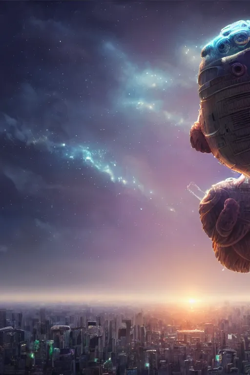 Image similar to a giant cosmic tardigrade!!! descending on the tokyo!!! skyline at sunset, unreal engine, 4 k, illustration, comprehensive art, thorough details, intricate, artstation atmosphere, highly detailed, concept art, greg rutkowski, digital painting, studio ghibli, takashi murakami, gregory crewdson cinematic lighting, 4 k