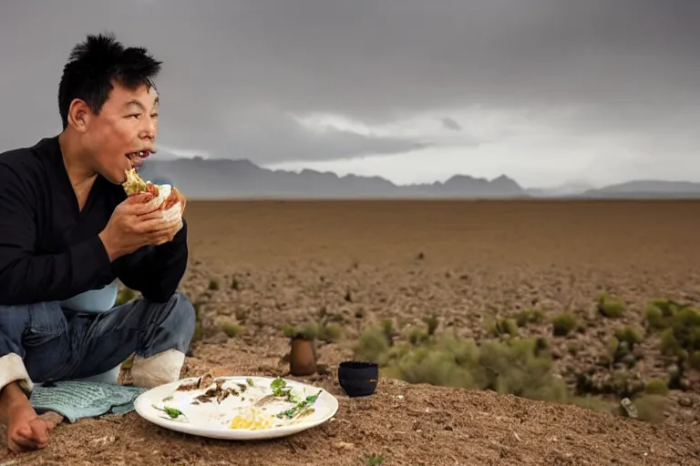 Image similar to asian man eating rice in the desert while its raining and snowing