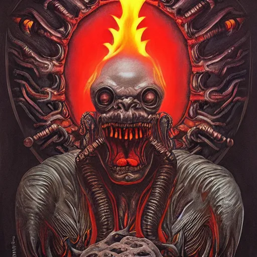 Prompt: giger doom demon portrait of satan with long tongue, fire and flame, burning head smoke, Pixar style, by Tristan Eaton Stanley Artgerm and Tom Bagshaw.