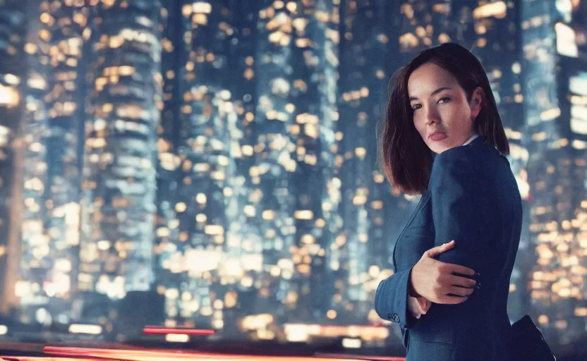 Image similar to a wide shot of a woman with a wool suit, short hair, blurred face, wearing an omega speedmaster on her wrist in front of a crowded dystopian city at night with cyberpunk lights