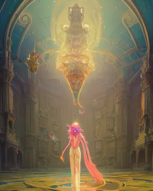 Image similar to highly detailed surreal vfx portrait of a female candypunk mage in a majestic castle by golden tree, stephen bliss, unreal engine, greg rutkowski, loish, rhads, beeple, makoto shinkai and lois van baarle, ilya kuvshinov, rossdraws, tom bagshaw, alphonse mucha, global illumination, detailed and intricate environment