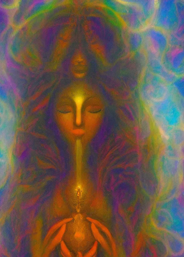 Image similar to serene deva of the golden blood mythos beloved deva (dreams) gnostic fog, award winning oil painting, chromatic aberration sharp colors