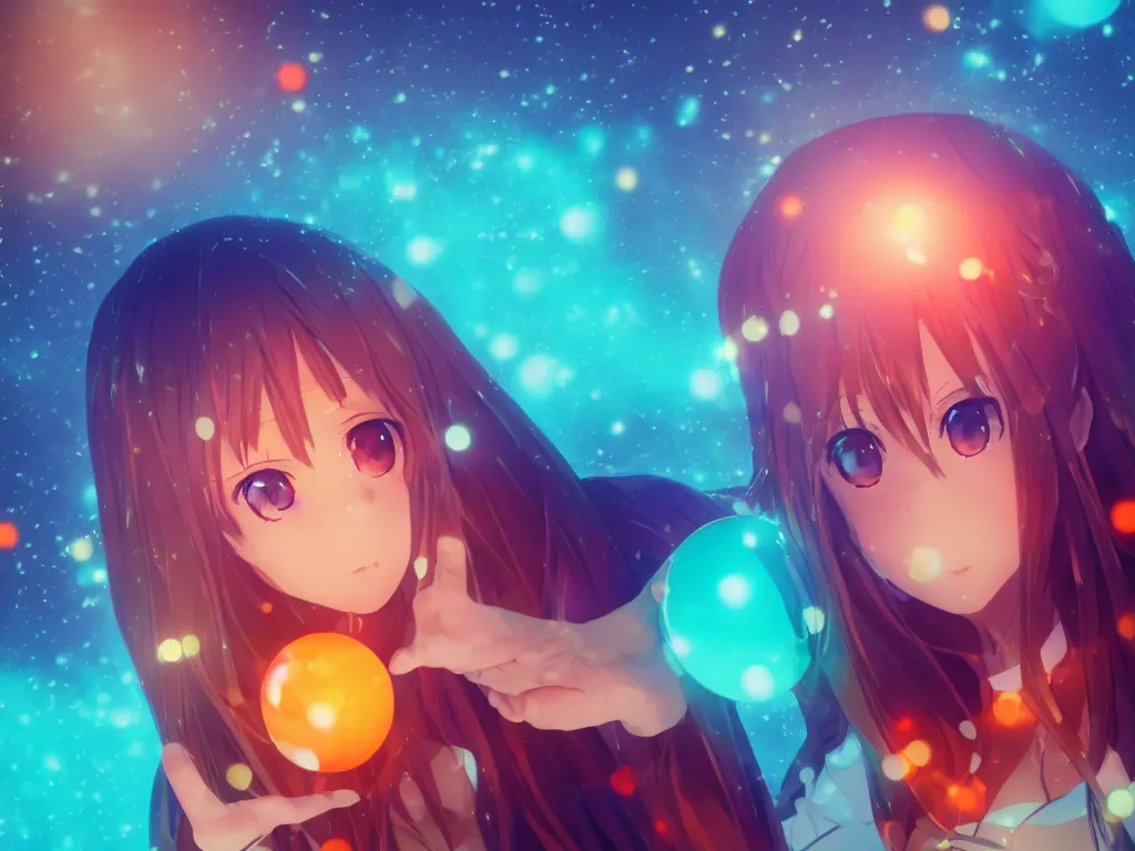 Prompt: Beautiful portrait of anime girl Asuna holding transparent sphere ball, teal and orange colored wall with photo frames in bokeh background, night ambience, smooth volumetric lighting, geometric, low light room, photorealistic details, neon glowy edges, 4K, 8K, digital arts