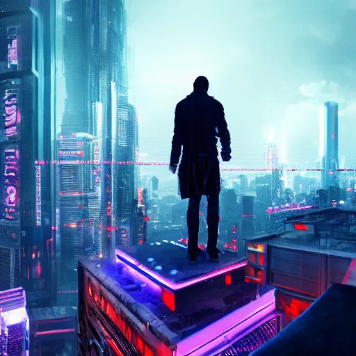 Image similar to shot of the man standing on the roof, looks at impressive cyberpunk city at night during great storm, nightscape, futuristic architecture, realistic photo, neons, blade runner, akira style, cinematic lighting, cinematic angles