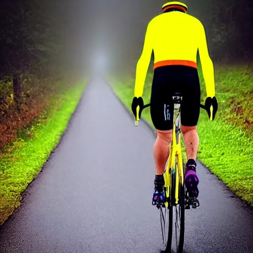 Image similar to “a middle aged man in Lycra cycling gear wearing a day-glo cycling helmet walking along a country road in the rain with a bent bicycle wheel in his hand, hyper realistic, 4K”