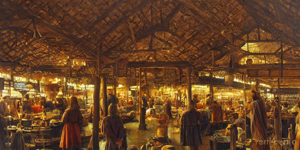 Prompt: Highly detailed viking period oil painting of aviking market, strong atmosphere, oil painting masterpiece by Josep Tapiró Baró, symmetry, fractals