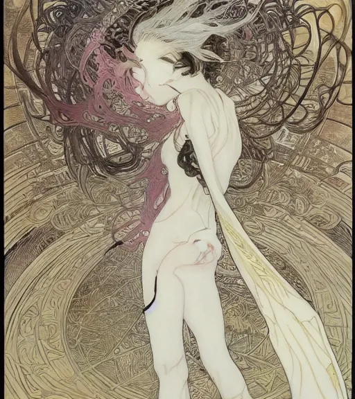 Image similar to yoshitaka amano anime painting, intricate line drawings, pen and ink, alphonse mucha, claire wendling, kentaro miura, ruan jia