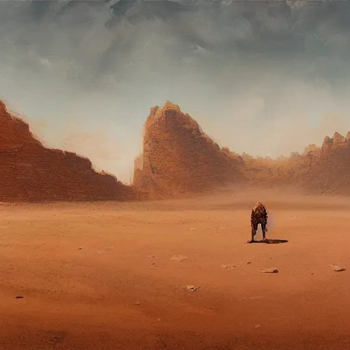 Prompt: Panorama view of a giant golem in a desert, oil painting, by Greg Rutkowski