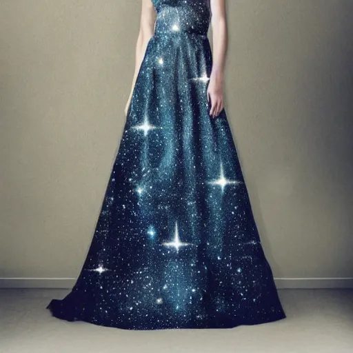 Image similar to beautiful cosmic wedding dress, white background, space print