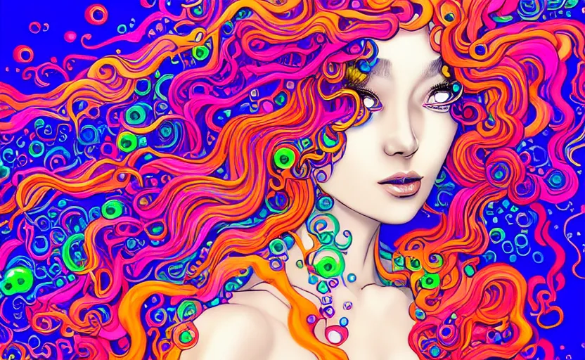 Image similar to a digital painting of a woman with colorful hair made of curly and splashing liquid and bubbles, intricate mechanical details, futuristic, a pop art painting by tomokazu matsuyama, behance contest winner, psychedelic art, psychedelic, 2 d, digital illustration, trending on artstation, anime stylized, accurate fictional proportions, high delicate defined details, ethereal lighting